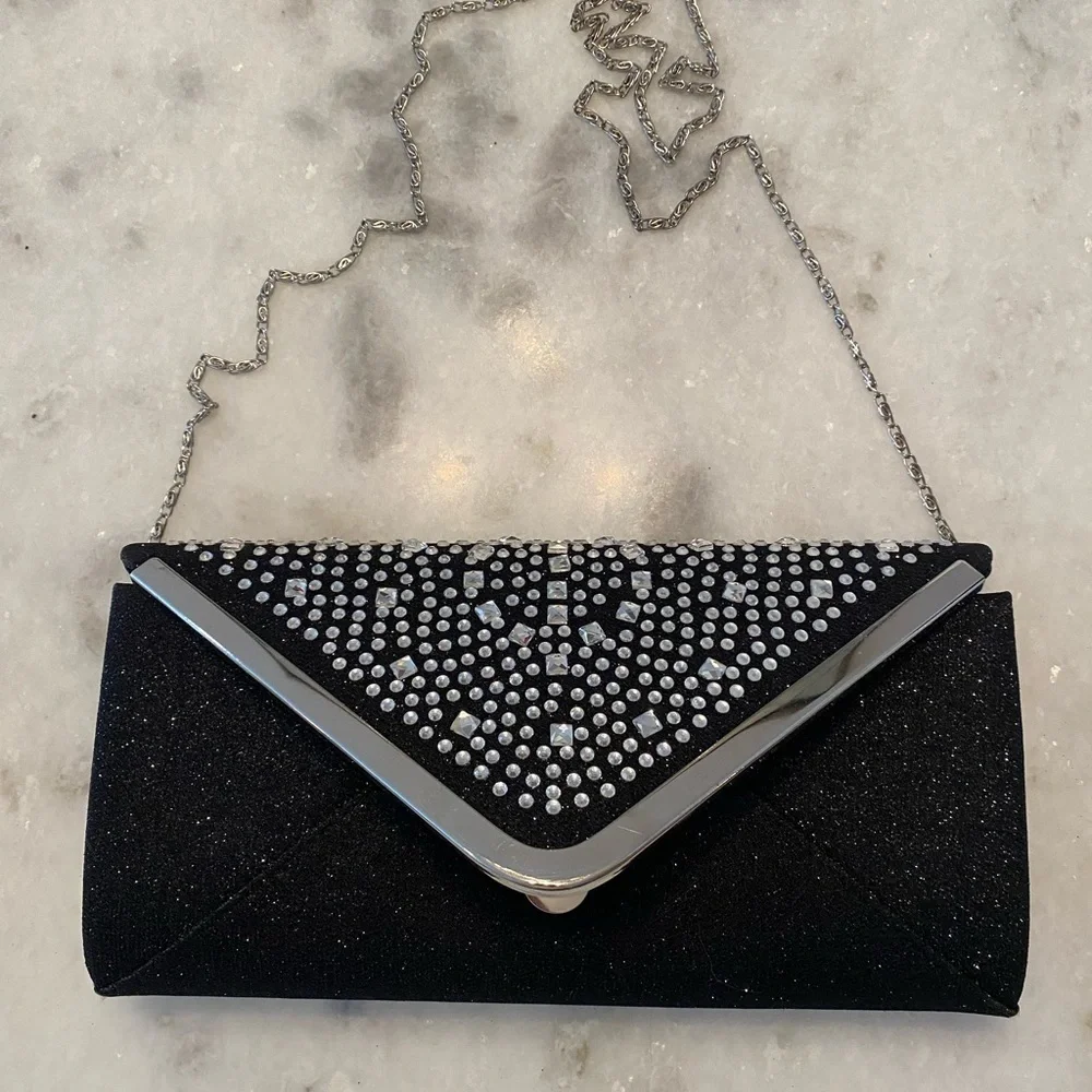 Black Shimmer Evening Clutch Bag with Silver Toned Chain Strap